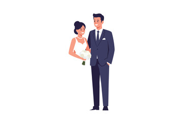 Newlyweds Bride in white dress with bouquet groom in suit smiling