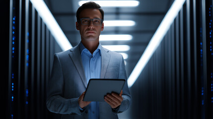 Professional IT Engineer Holding Tablet and Performing System Update in Modern Data Center with Futuristic Technology, Digital Security and Advanced Network Infrastructure