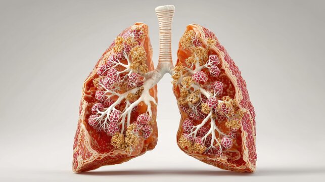 COPD Awareness Month. Scientific illustration of human lungs with damaged alveoli caused by COPD, detailed cross-section, medical accuracy - Powered by Adobe