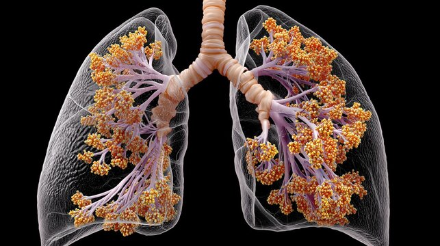 COPD Awareness Month. Scientific illustration of human lungs with damaged alveoli caused by COPD, detailed cross-section, medical accuracy