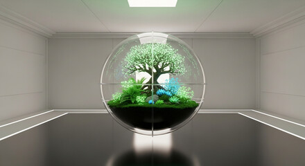 Minimalist 3D Render of Floating Garden Orb with Glowing Plants in White Sci-Fi Room
