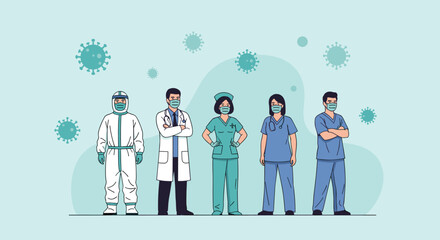 Essential healthcare workers stand together against a backdrop of viruses.