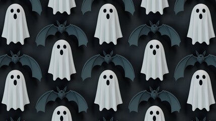 Seamless Pattern of White Ghosts and Dark Bats halloween.