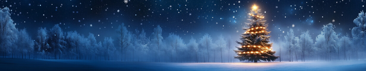 Snow covered Christmas tree banner with copy space