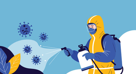 A person in a hazmat suit sprays disinfectant on coronavirus particles.