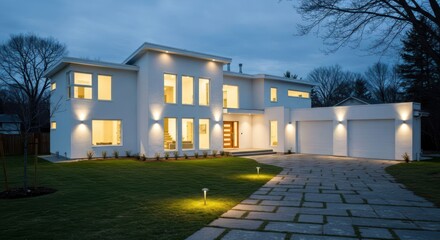 Fototapeta premium Modern Minimalist Architectural Residential House Facade Exterior at Dusk