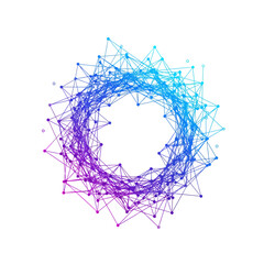 A vibrant abstract geometric pattern with interconnected nodes and lines, transitioning from purple to blue, resembling a digital network or a celestial phenomenon.