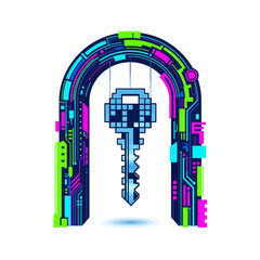 Digital archway with circuit board patterns and a pixelated key hanging in the center, symbolizing access and technology.