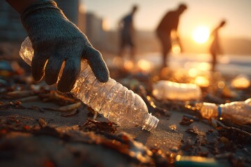 A gloved hand picks up plastic pollution from a beach during sunset.