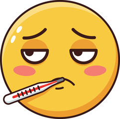 Yellow emoji face with a thermometer in its mouth, depicting illness and a sad, unwell expression.