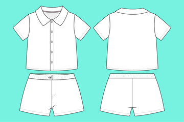 Baby Boys Short Sleeve Button Down Shirt with Shorts Summer Outfit Set Flat Sketch Vector Technical CAD Drawing.