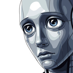 Close-up of a crying robot with blue eyes and tears streaming down its face.