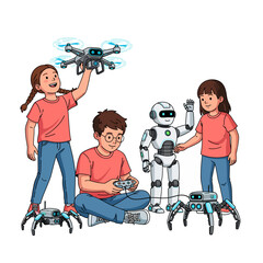 Children interacting with various robots including a drone, a humanoid robot, and spider-like robots, showcasing interest in technology and STEM education.