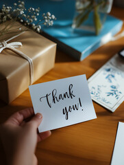 Hands Holding Thank You Card In Office