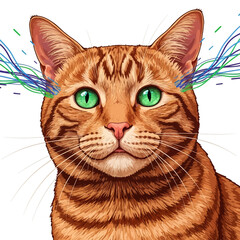 A close-up illustration of an orange tabby cat with bright green eyes, with colorful wavy lines emanating from its ears.