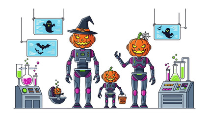 Spooky Pumpkin Family: An illustration of a family of animated pumpkins dressed as robots and surrounded by Halloween-themed elements, a clever, stylized depiction of spooky charm.