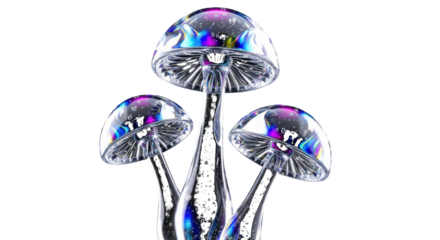 Three translucent mushrooms with colorful reflections isolated on a transparent background