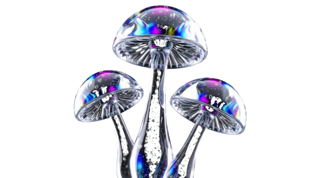 Three translucent mushrooms with colorful reflections isolated on a transparent background