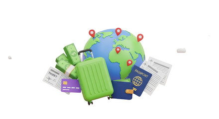Travel essentials globe suitcase money passport tickets and credit card isolated on a transparent background
