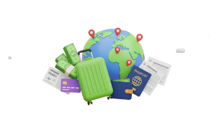 Travel essentials globe suitcase money passport tickets and credit card isolated on a transparent background