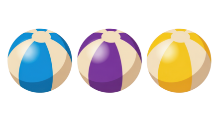 Three striped beach balls blue purple yellow isolated on a transparent background striped ball