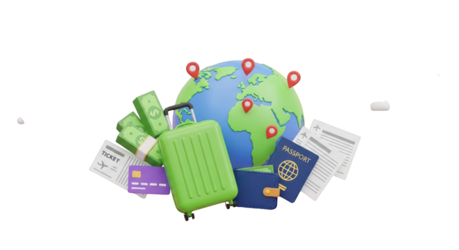Travel essentials globe suitcase money passport tickets and credit card isolated on a transparent background - Powered by Adobe