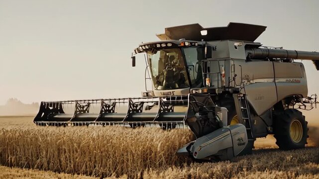 Moissonneuse-batteuse moderne r&eacute;coltant du bl&eacute; au coucher du soleil