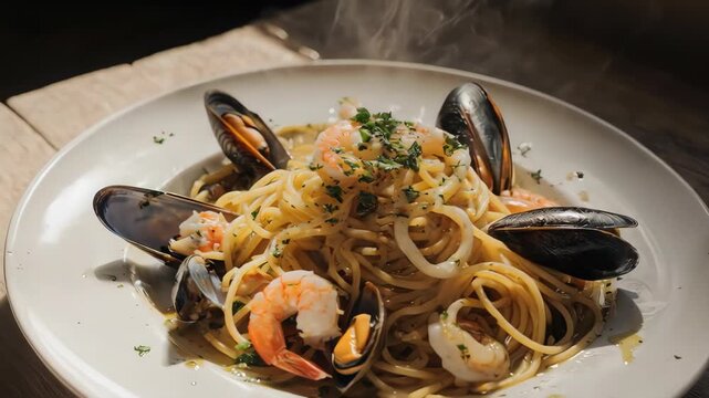 D&eacute;licieux spaghetti aux fruits de mer fumants