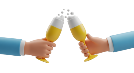 Two cartoon hands clinking yellow champagne glasses isolated on a transparent background celebration