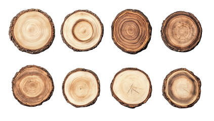 A collection of various wooden slices different textures and colors. arranged neatly on a white background. ideal for use in design projects or natural-themed presentations