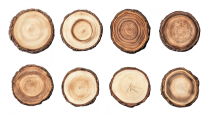 A collection of various wooden slices different textures and colors. arranged neatly on a white background. ideal for use in design projects or natural-themed presentations
