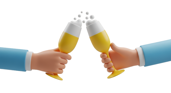 Two cartoon hands clinking yellow champagne glasses isolated on a transparent background celebration - Powered by Adobe