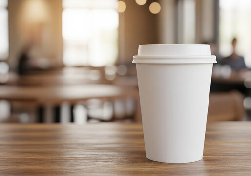 mockup of a blank takeaway coffee cup with lid on a wooden table - Powered by Adobe