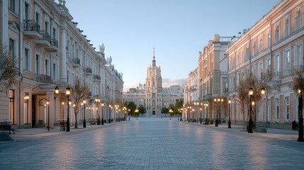 Fototapeta premium Empty European City Street with Ornate Buildings and Streetlights Under a Twilight Sky Cinematic HDR Architecture Photography