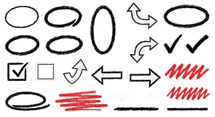 Crayon pencil hand drawn various oval, chalked arrows, check marks. Vector doodle marker drawing. Hand drawn charcoal symbols for diagrams. Freehand grunge red strikethrough and underline elements 