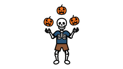 A Halloween Juggler: A whimsically drawn skeleton juggles three carved pumpkins with a spooky, festive flair. Perfect for Halloween, this illustration captures the holiday spirit.