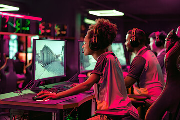A vibrant gaming setting with focused players immersed in their screens, showcasing e-sports culture.