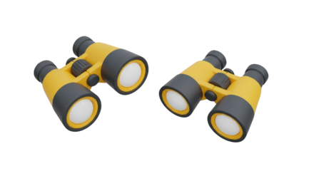 Two yellow and gray binoculars on black isolated on a transparent background optics viewing