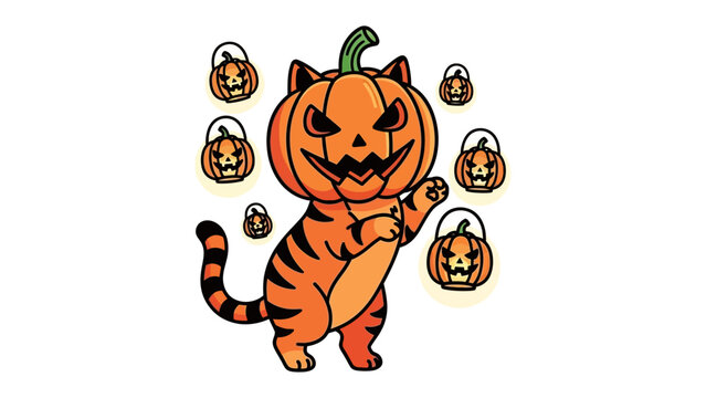 Pumpkin Cat Halloween Illustration: A cute cartoon tiger cat with a pumpkin head, adorned with bold stripes, stands amidst a cluster of glowing jack-o'-lanterns.