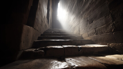 ascent. Stone staircase bathed in sunlight, creating a dramatic contrast with atmospheric haze and a low-angle view. real-estate listings.