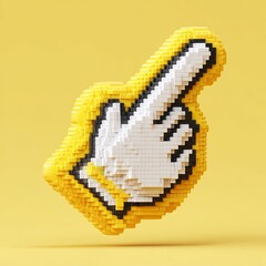 Pixelated 3d pointing hand symbol made of colorful blocks isolated on yellow background