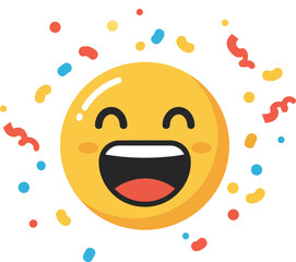 A cheerful, smiling emoji with a wide open mouth, surrounded by colorful confetti.