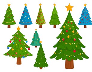 Collection of cartoon Christmas trees with various ornaments