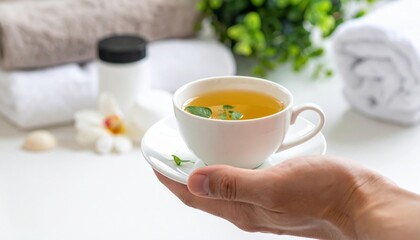 A wellness concept scene of a man in a spa robe holding a cup of tea, with towels and skincare nearby.