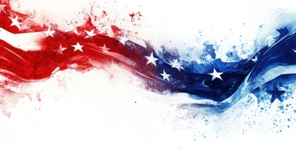 Abstract red and blue American flag wave design with stars and splatters on white background.