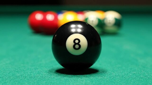 Close-up of a black 8 ball on a green pool table with colorful balls in the background.