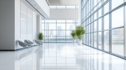 Fototapeta premium Modern spacious office lobby with city view, shiny floor, and seating area.