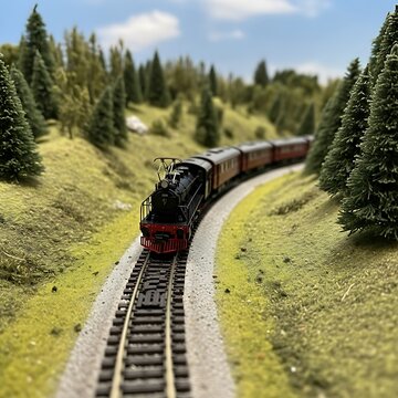 A meticulously detailed model train, a steam locomotive pulling a passenger train, winds through a miniature mountain landscape.