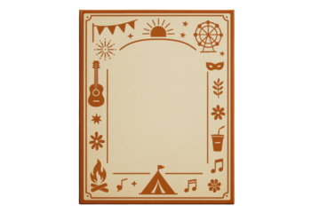 Decorative frame with cultural icons like guitar, tent, fireworks, and drink, simple cutout design, isolated on white background. Ai generative
