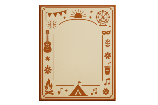 Decorative frame with cultural icons like guitar, tent, fireworks, and drink, simple cutout design, isolated on white background. Ai generative